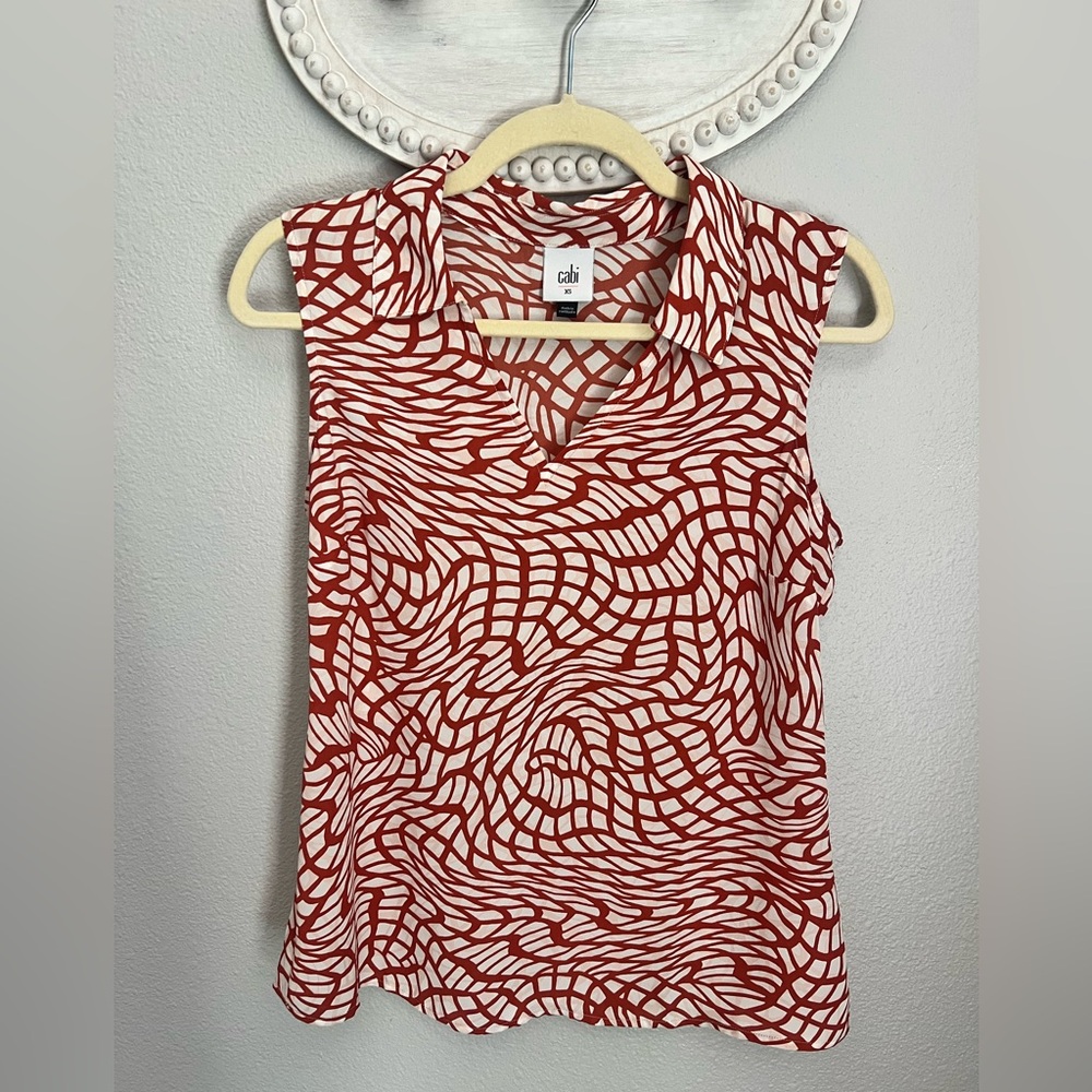 CAbi Burnt Orange and White Sleeveless V-Neck Patterned Top